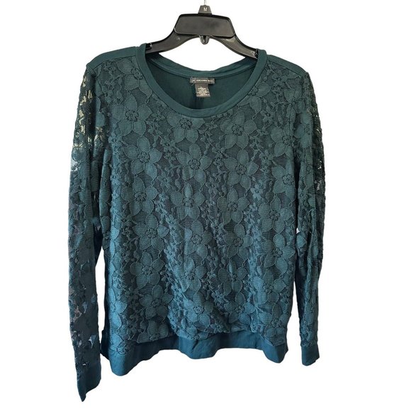 Adrianna Papell Top Womens Large Dark Pine Green Lace Long Sleeve Crew Neck A7-3 - Picture 1 of 6